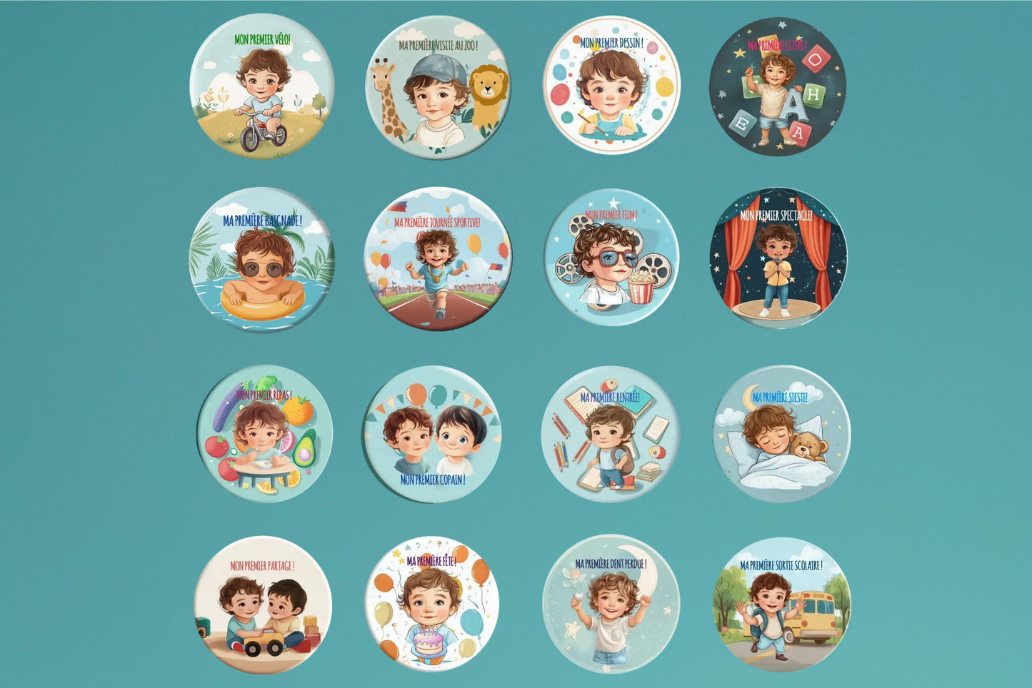 Badge Série Première fois - Garçon - Lot de 16 - Coffret complet