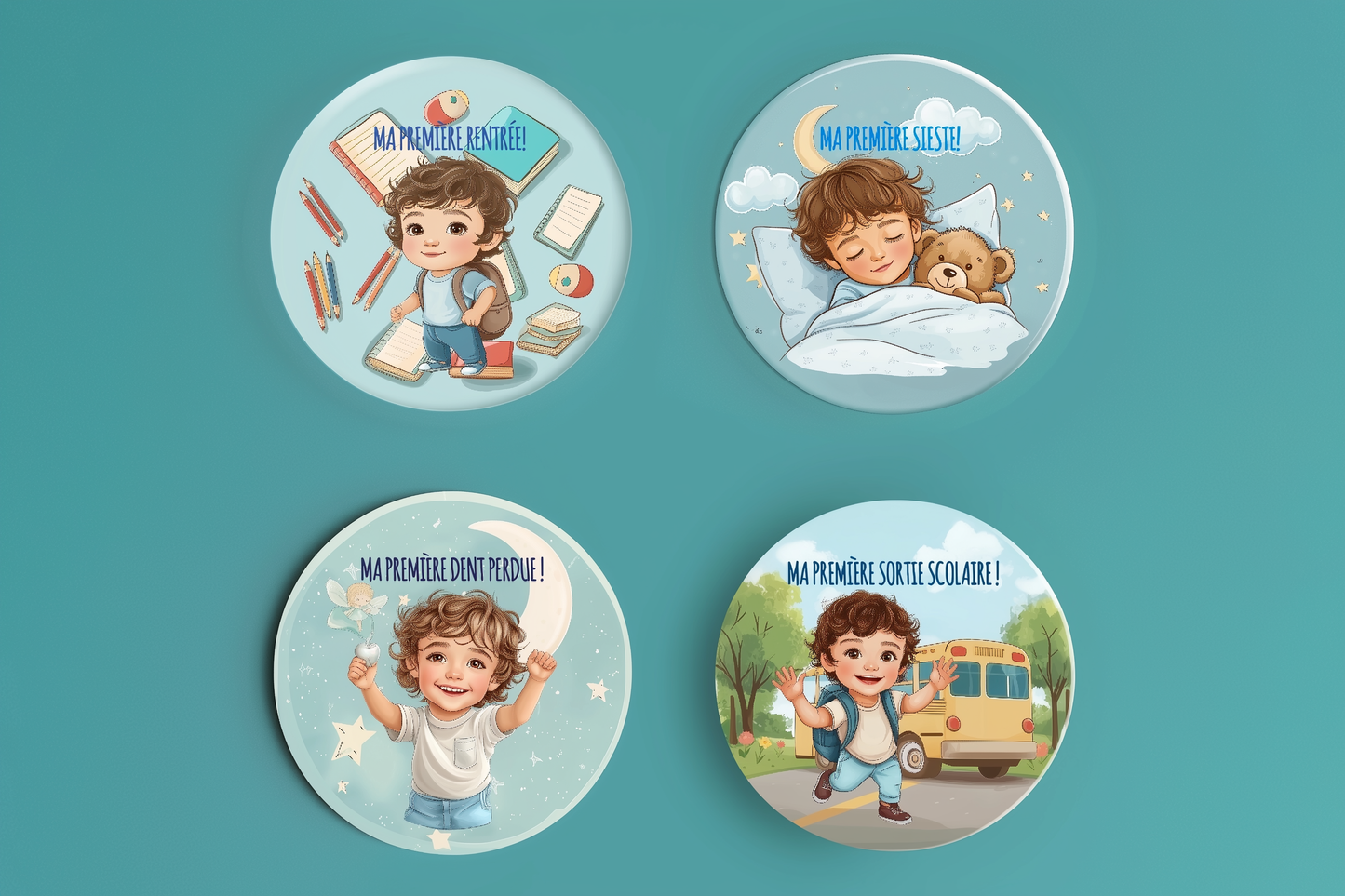 Badge Série Première fois - Garçon - Lot de 16 - Coffret complet